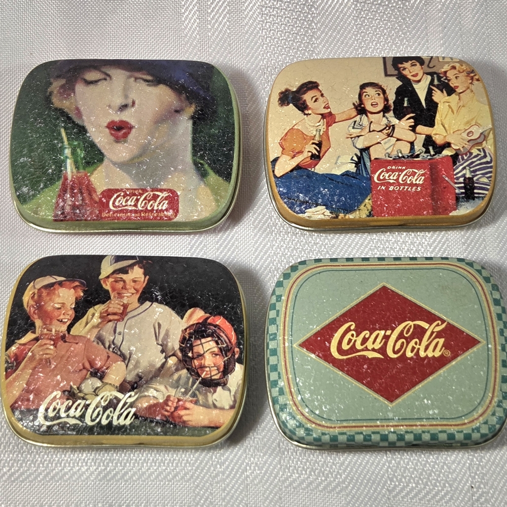 4 Vintage Coca-Cola Tins 2.5" Collectible Small Metal Hinged Pill Trinket Boxes